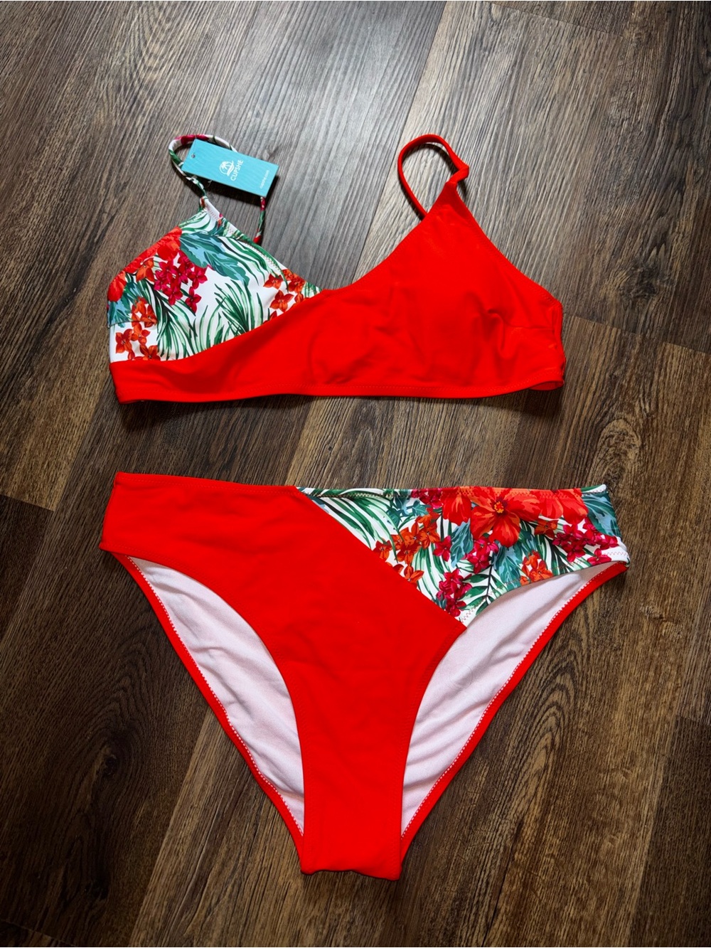 Cupshe Red Tropical Floral One-Shoulder Bikini
